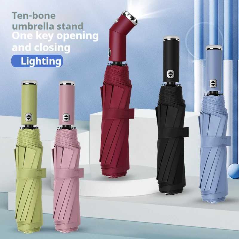 10 bone fully automatic three fold umbrella rotatable LED flashlight business wind resistant folding umbrella sunny umbrella C251117