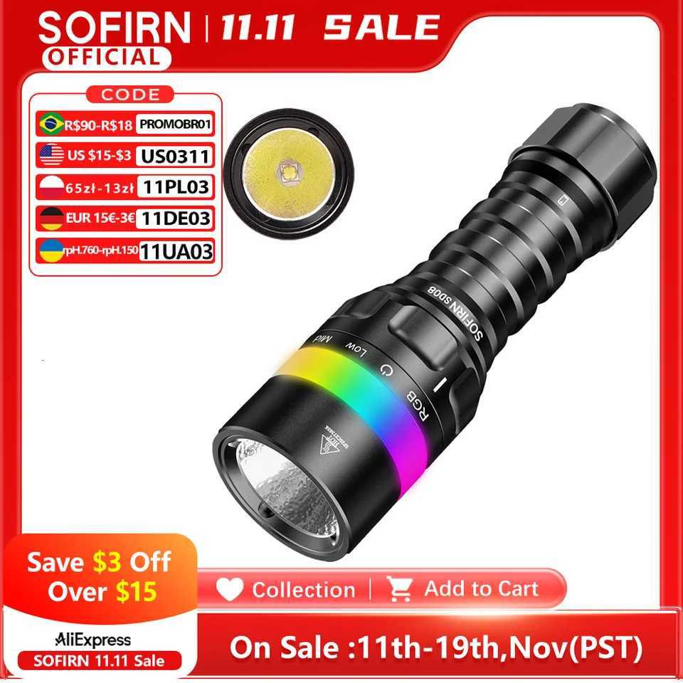 Sofirn SD08 3200lm Range 385m Diving Flashlight Powerful Rechargeable 21700 Underwater Deep Flashlight with 360 RGB Indicator M251117