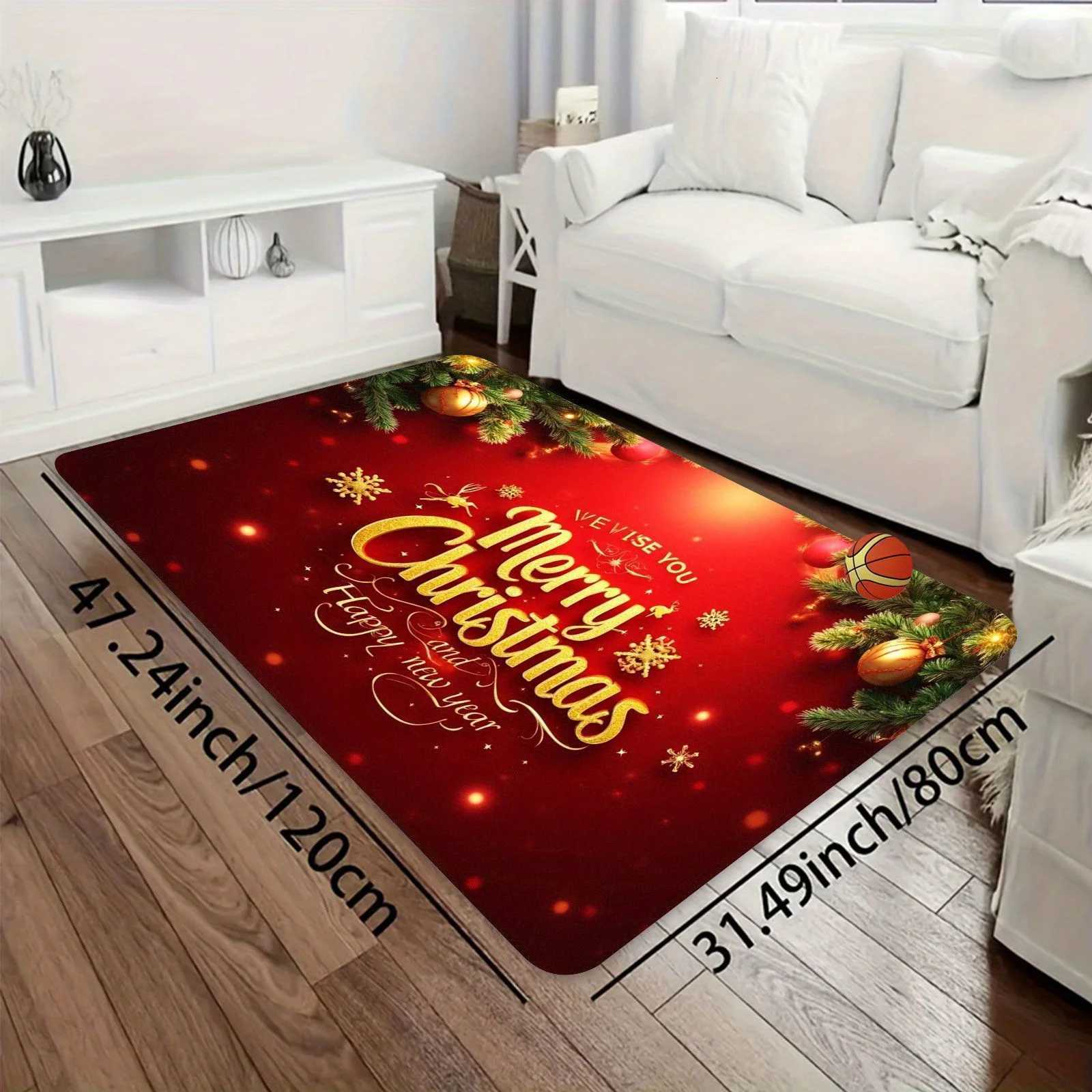 Christmas New Year Doormat Carpet Red Golden Merry Christmas Print Non-Slip Polyester Machine Washable for Home Entrance DecorM251117