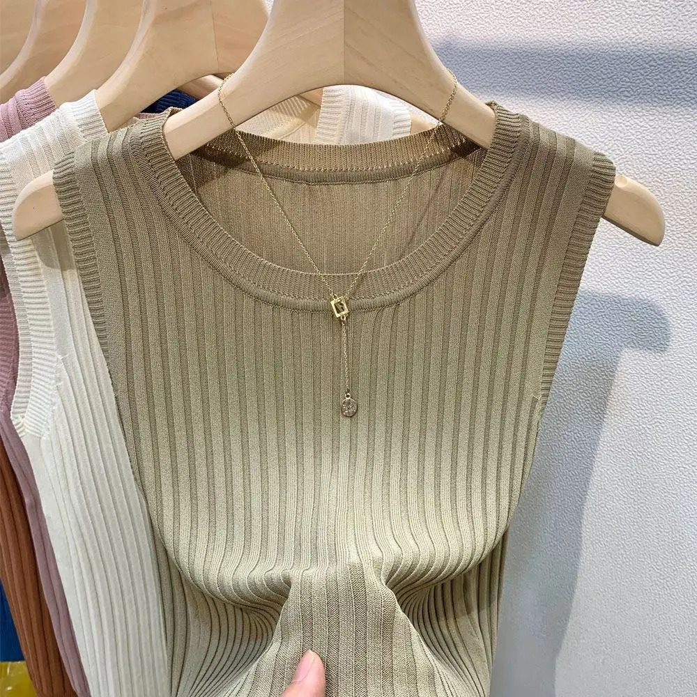 AOSSVIAO Summer Fashion Knitted Vests O-neck Sleeveless Casual Thin Tops 2025 Sleeveless Blouse Women Shirt 250417