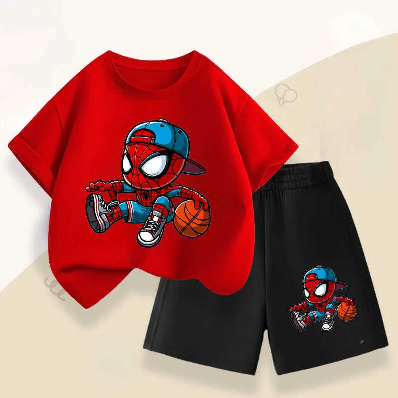 Disney Summer Boys Breathable T Shirt Shorts Two Piece Set Disney Anime Spiderman Kids Casual Outfits Child Short Sleeved Top Suit W20250417