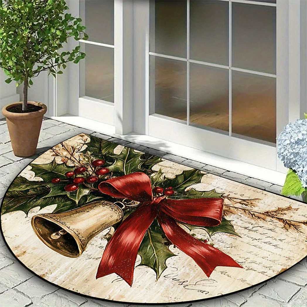 VIKAMA Christmas Bells With Holly Leaves Print Carpet Bathroom Entrance Hall Welcome Mat Home Decor Non-Slip And Dirt-ProofM251117