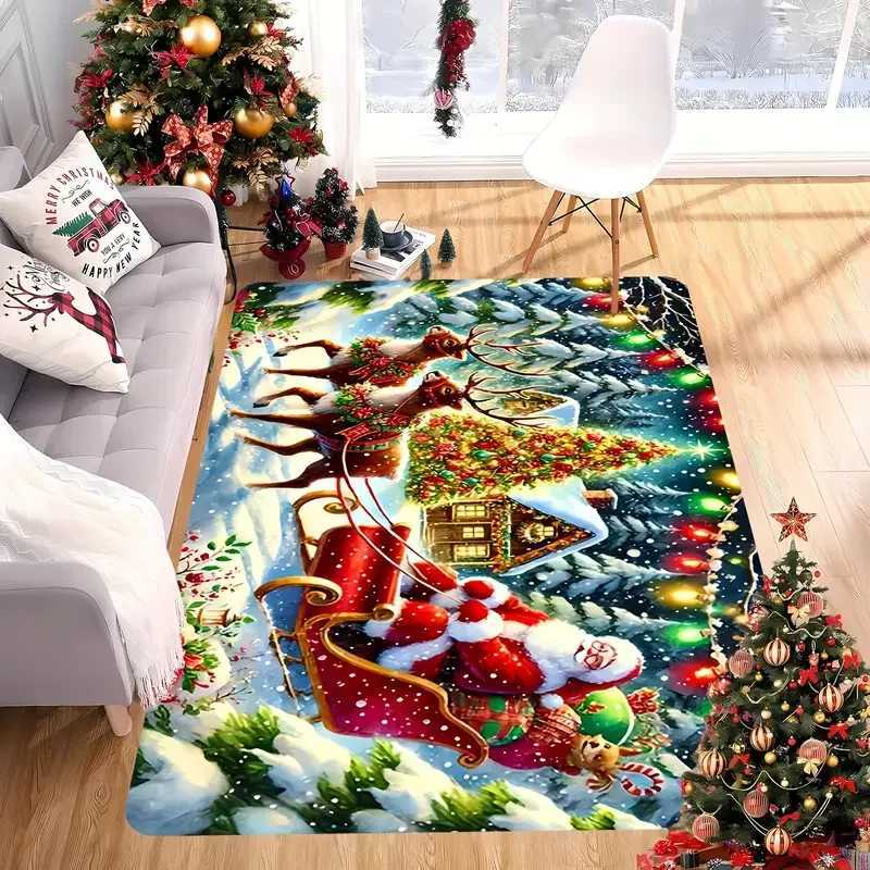 1PC Christmas Theme Sleigh Santa Claus Pattern Rug for Bedroom Living Room Dining Room Entrance Hall Outdoor Patio Area RugM251117