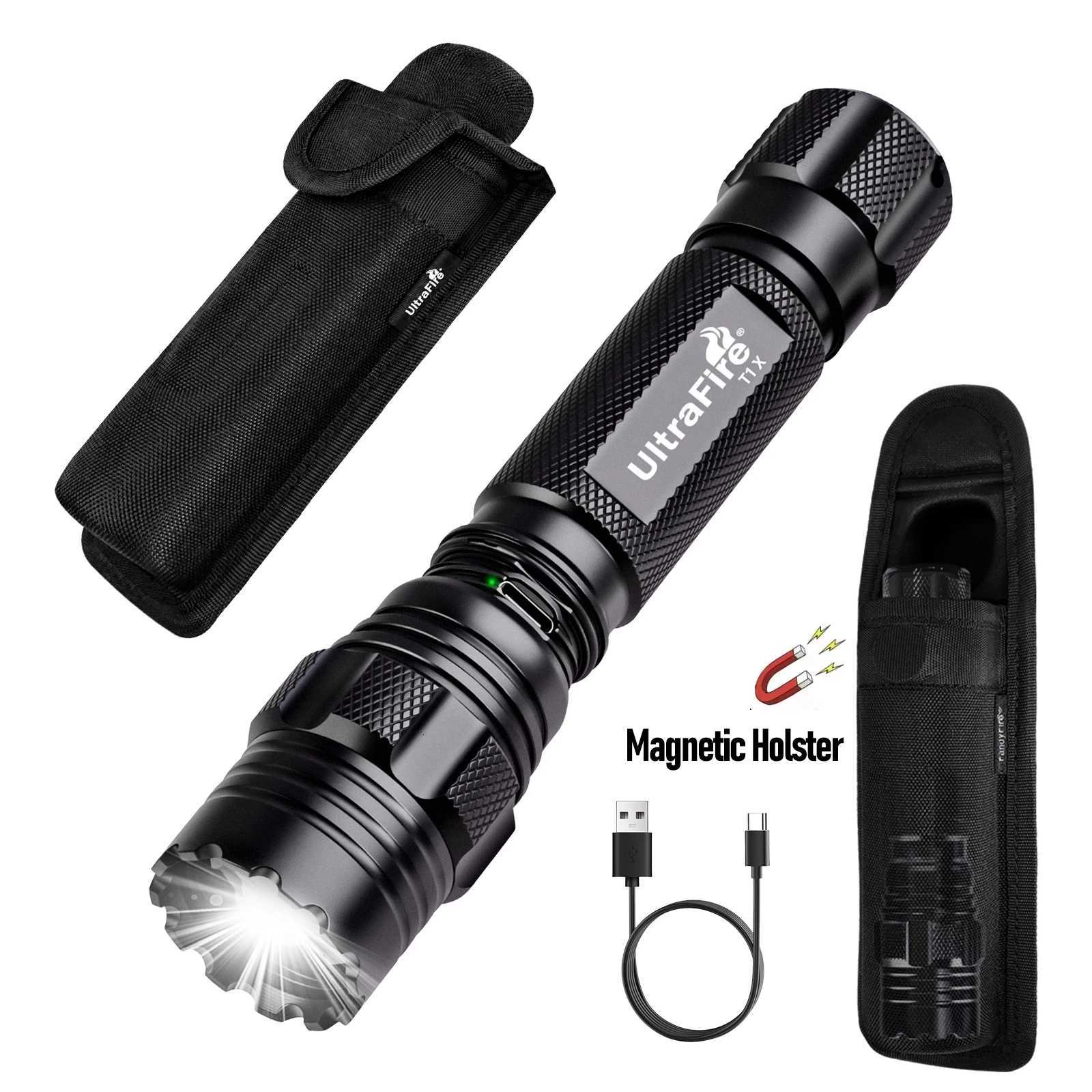 UltraFire T1X Tactical Flashlight with Magnetic Belt Holster 3 Modes 1200LM USB C Rechargeable Police Lamp for Camping Emergency M251117