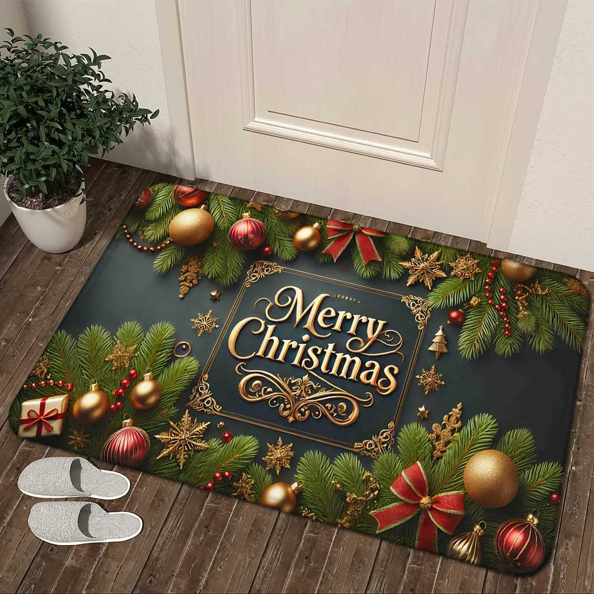 Merry Christmas Flannel Door Mat Carpet Festive Tree Ball Design Non-Slip Thick Sponge for Bedroom Kitchen Bathroom DecorM251117