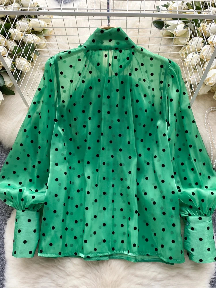 2025 Womens Vintage Festival Polka Dots Single Breasted Shirt Elegant Sweet Bow Long Sleeve Loose Office Ladies Blouses Tops 250417