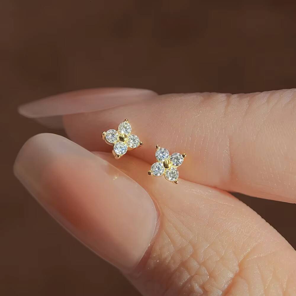 925 Sterling Silver Diamond Wedding Clover Flower Earrings VVS Moissanite Stud Screwback Daily Wear Stud Earrings