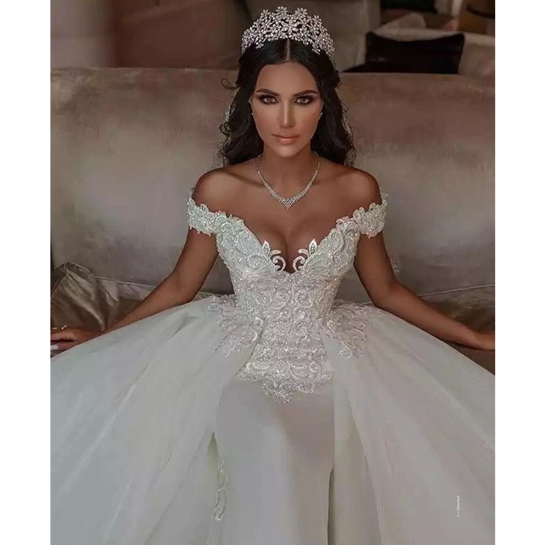 Arabic Plus Size Off Shoulder Mermaid Wedding Dress Appliques Lace Detachable Stunning Aso Ebi Bridal Gowns Custom Made N17 B0313