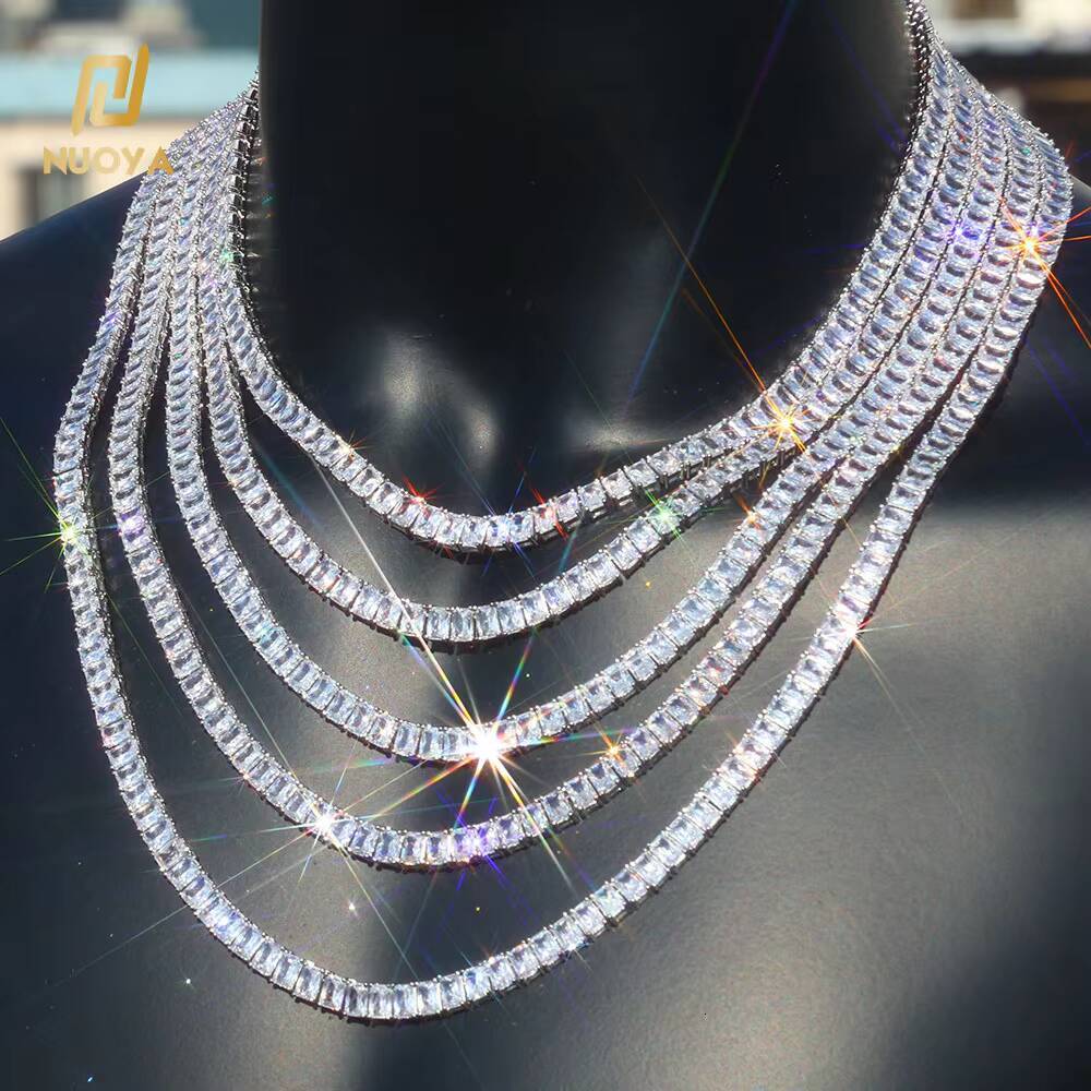 Laboratory cultivation of Moissanite Silver Plated Tennis Chain Necklace for Women 6mm Baguette Zircon Stones Hip Hop Fine Jewelry Tennis Chains