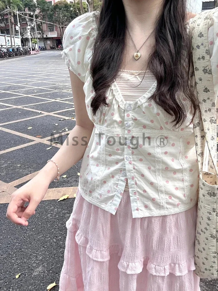 French Kawaii Polka Dot Puff Sleeve Lace Shirts Women Summer n Sense Sweet Shirt Patchwork Loose Bow Slimming Tops Trendy 250417