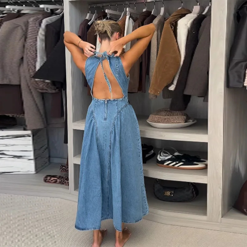 Casual Round Neck Lace Up Backless Denim Dress Sleeveless High Waist Loose Zipper Robe Summer High Street Sexy Solid Clothing250425