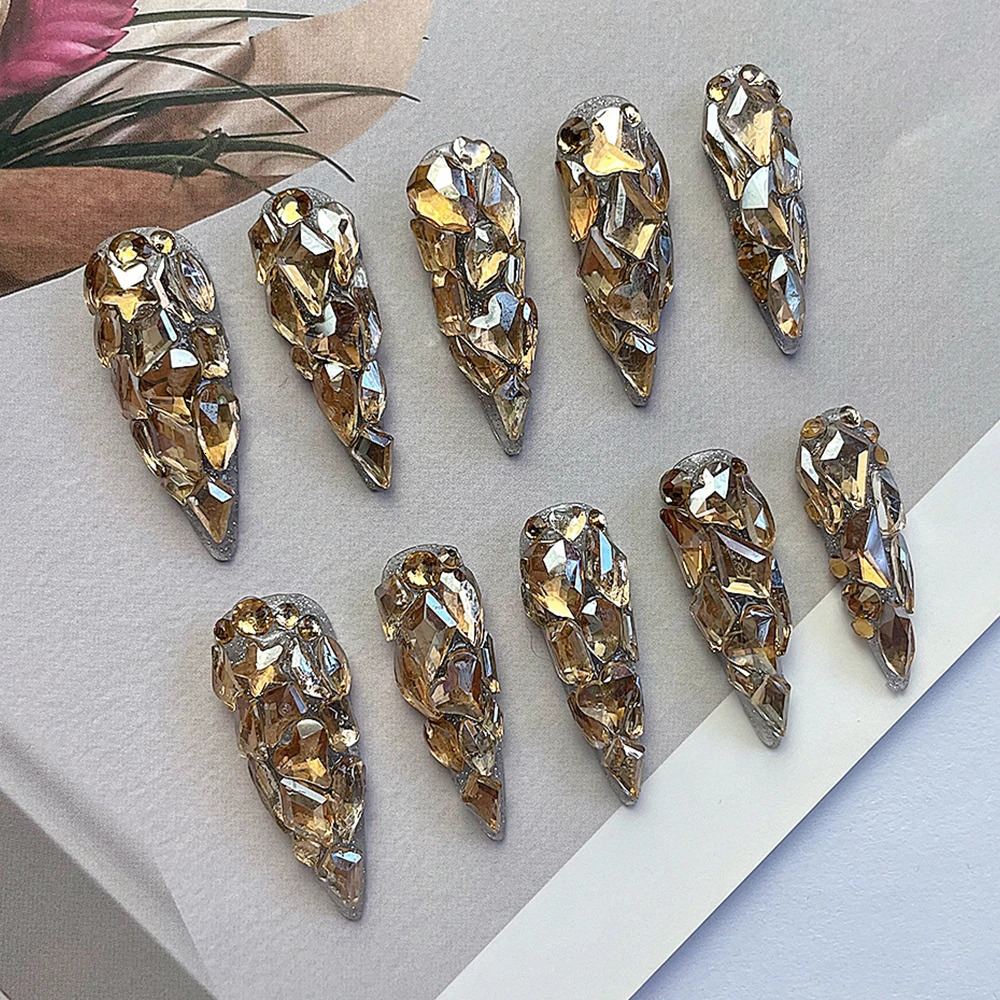 High quality gold fully sparkling diamond corner shaped handmade press used for nails sparkling rhinestones wearable fake nails 250415