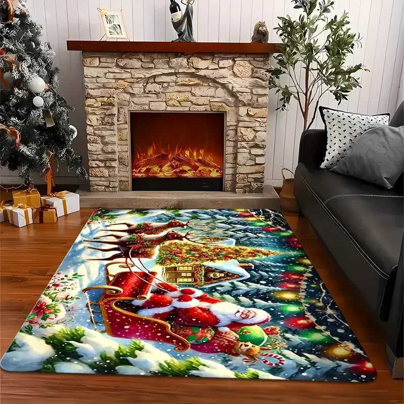 1PC Christmas Theme Sleigh Santa Claus Pattern Rug for Bedroom Living Room Dining Room Entrance Hall Outdoor Patio Area RugM251117