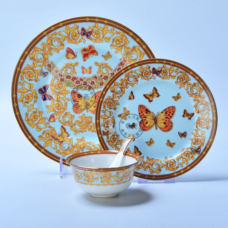 European Bone China Glaze Medium Color Dinner Plate Bowl Spoon Butterfly Manor Household Ceramic Tableware Plate Rice Bowl Spoon Free Matching