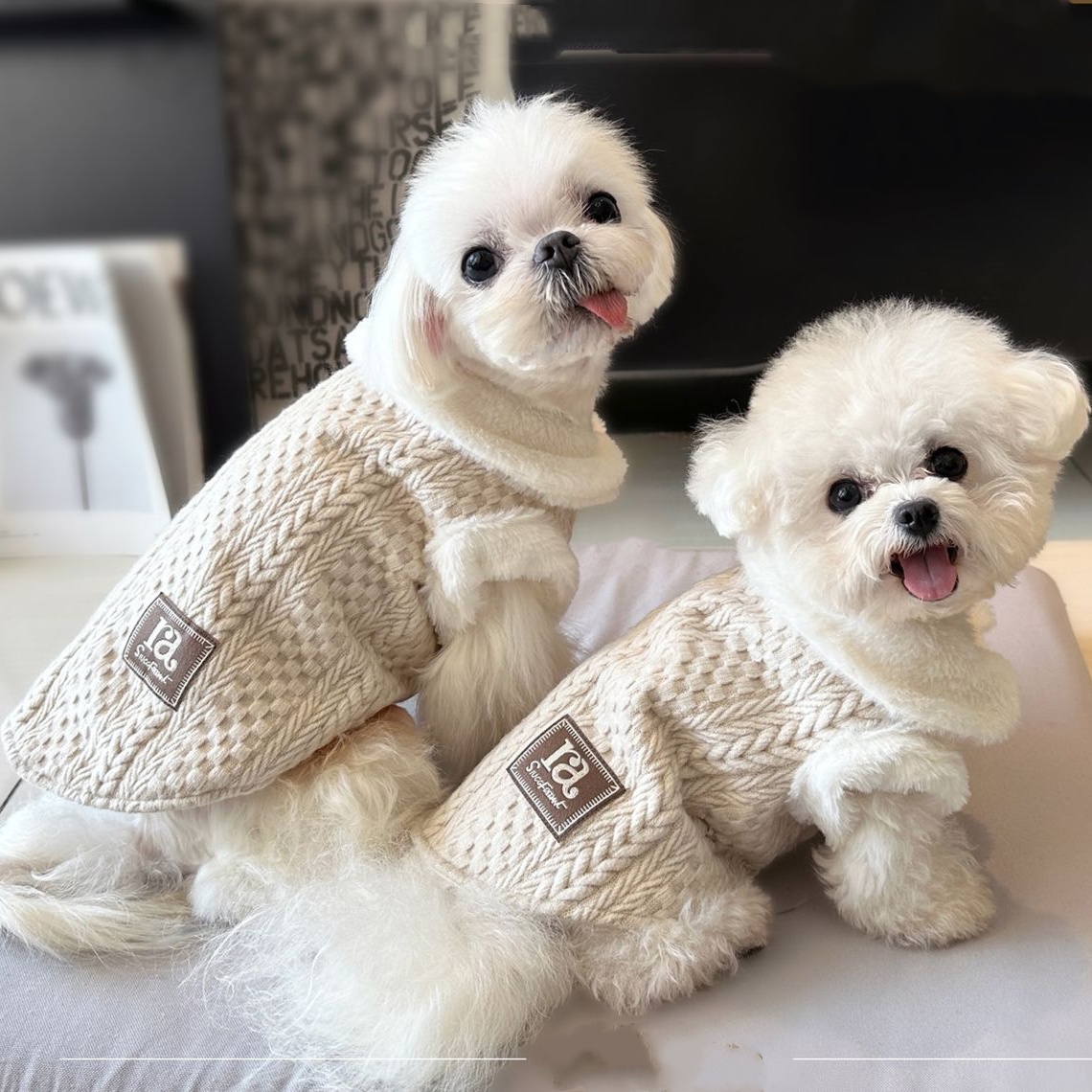 Fleece Collar Cable Knit Pet Vest for Small Dogs (Bichon, Maltese), Warm Winter Pet Sweater with Label Detail, Soft Comfortable Pet Apparel,Fashionabl