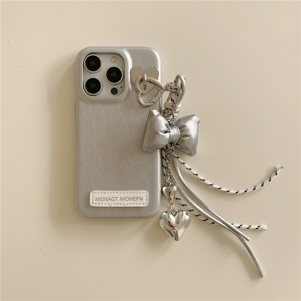 Butterfly Bow Heart Pendant Phone Case Compatible with iPhone 17/16 Pro Niche Solid Color Leather iPhone 15/14