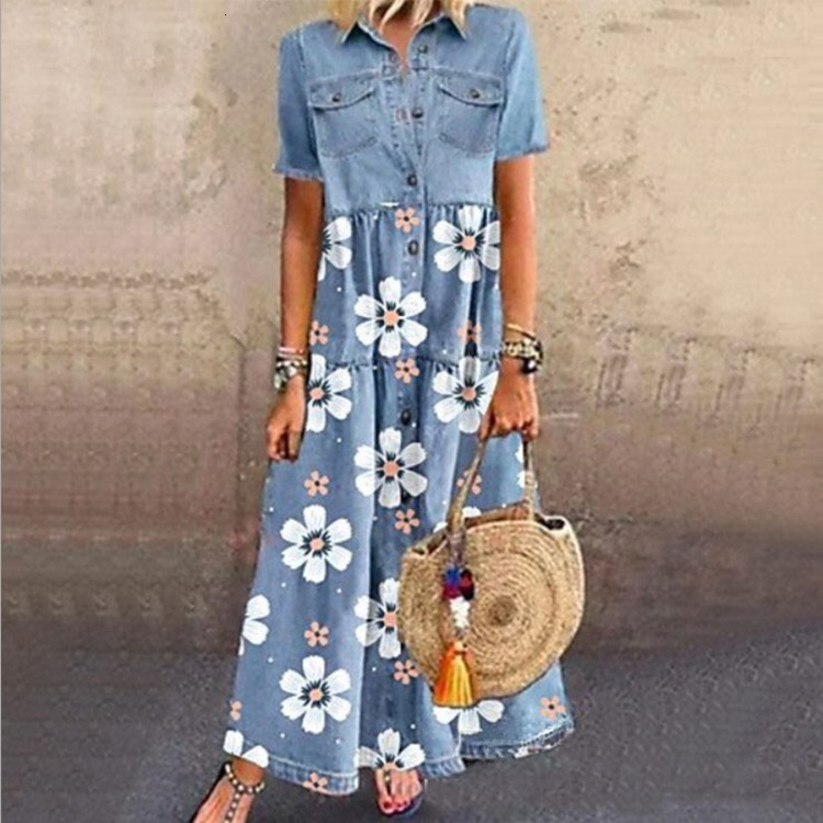 2025 Summer Designer Dresses For Woman Quick Selling Outong Denim Style Long Multi Button Vintage Dress