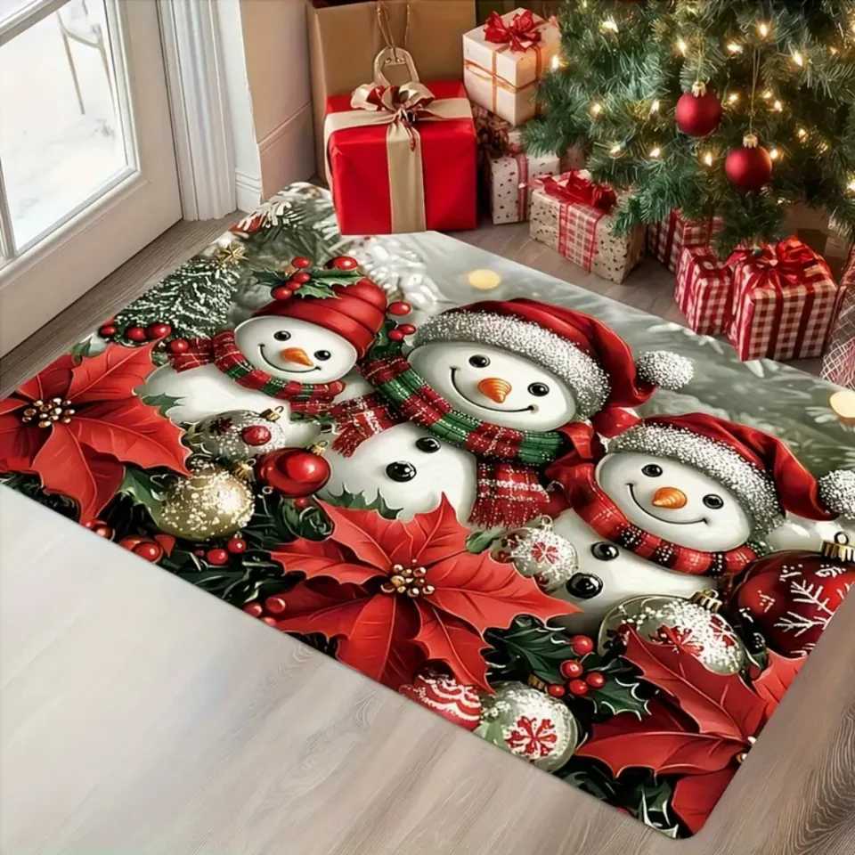 Cute Three Christmas Snowman Welcome Doormat Bathroom Balcony Non-Slip Dirt Resistant Floor Mat Christmas Day Decorative RugM251117