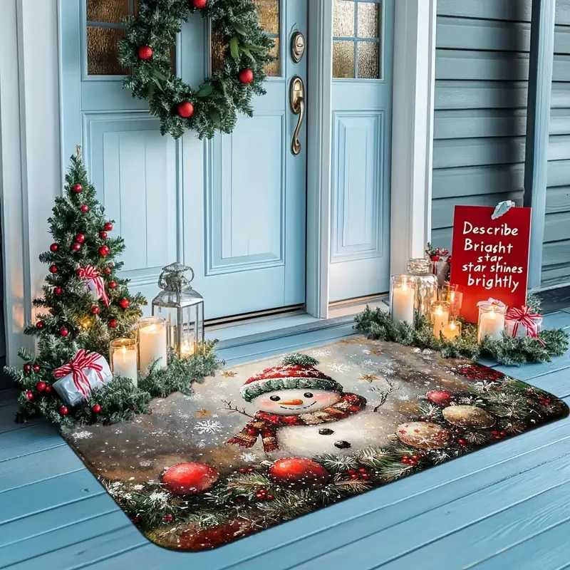 VIKAMA 1PC/2PC Christmas Doormat Snowman Holly Berries Festive Holiday Entrance Mat with Snowflakes Machine WashableM251117