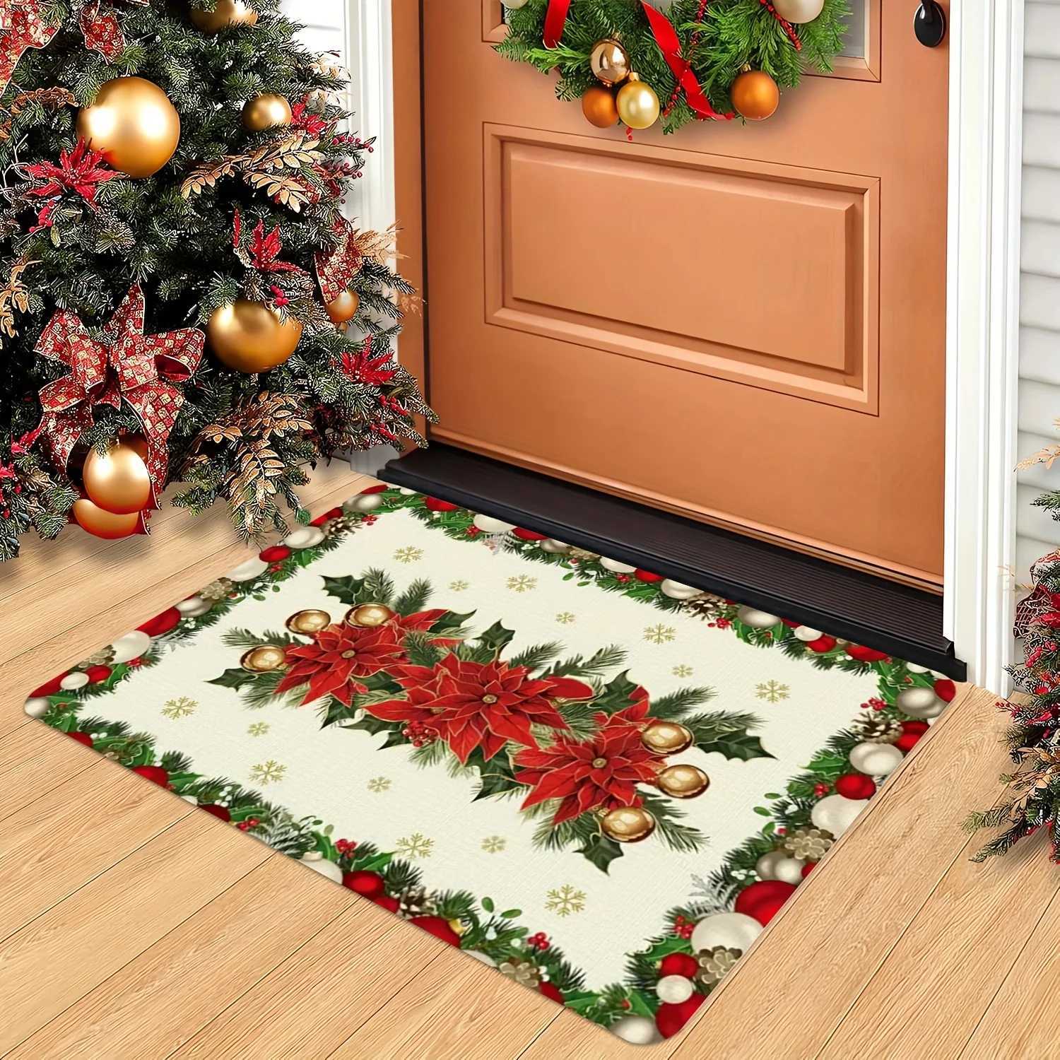 Christmas Poinsettia Holly Print Door Mat Winter Xmas Ball Snowflake Rug Bedroom Kitchen Non-slip Floor Mat Christmas DecorationM251117