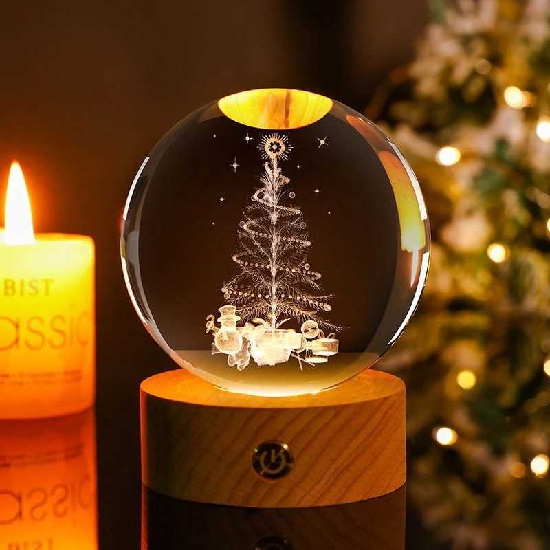3D USB Charging Crystal Ball with Wooden Base Elk Christmas Tree Creative Desktop Decoration Light Laser Carving Christma Gift J251117