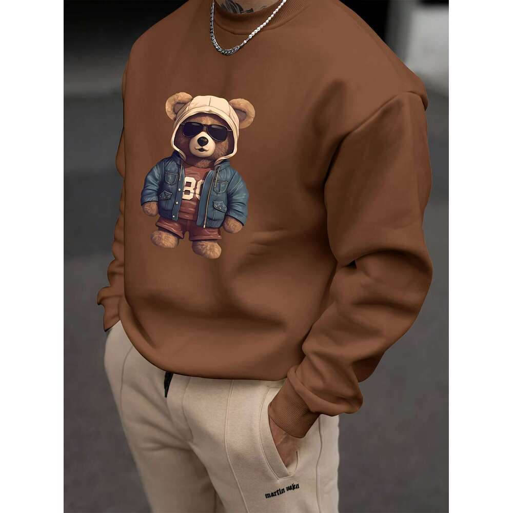 Men's Casual Polyester Sweatshirt With Creative Teddy Bear Print - Crew Neck, Loose Fit, Slight Stretch, Knit Fabric, Long Sleeve Pullover