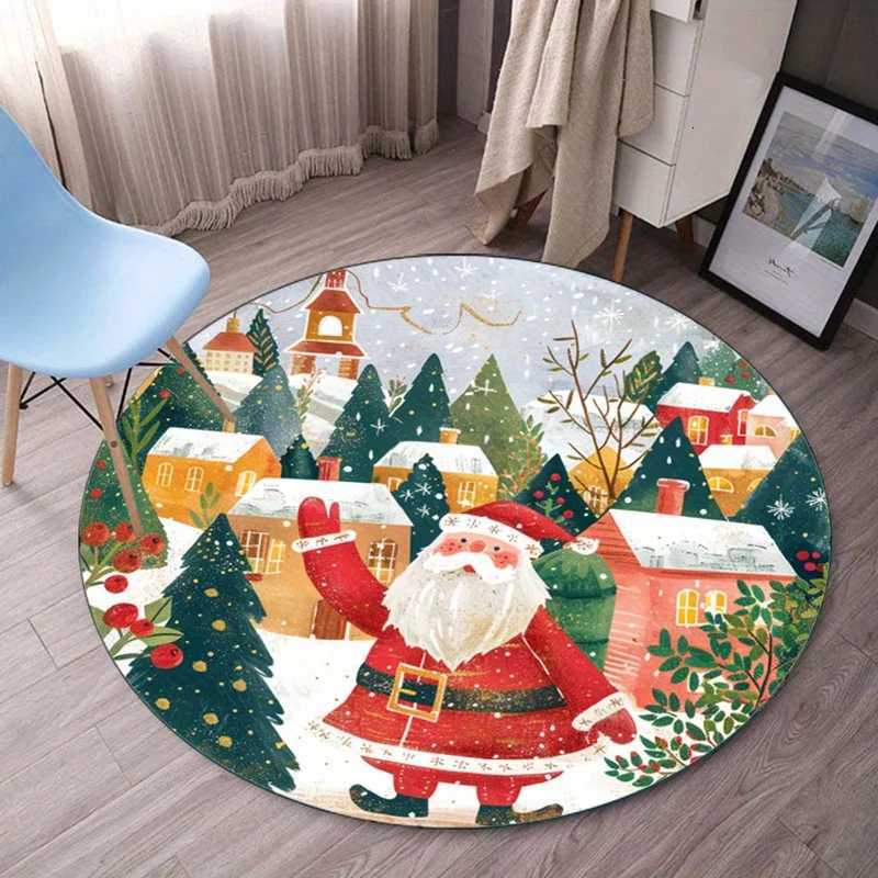 Santa Claus Snowy VillageChristmas Scene Round Rug Soft Crystal Velvet Floor Mat Holiday Decoration Xmas Theme Living RoomCarpetM251117