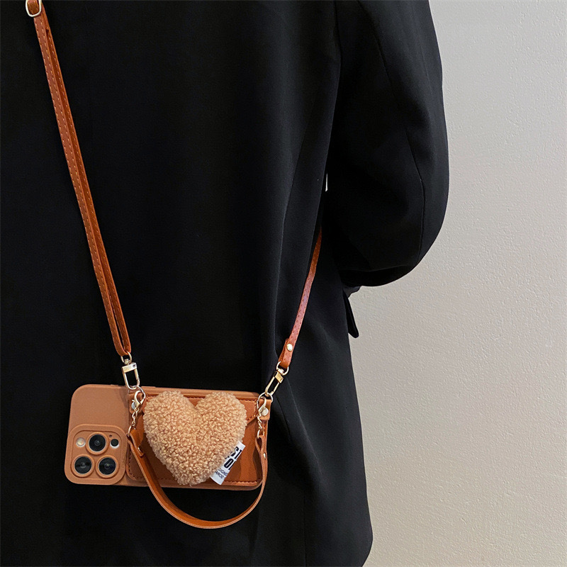Plush Heart Card Holder Phone Case Compatible with iPhone 17/16 Pro Max Soft Crossbody Protective Case iPhone 17 Pro for Women