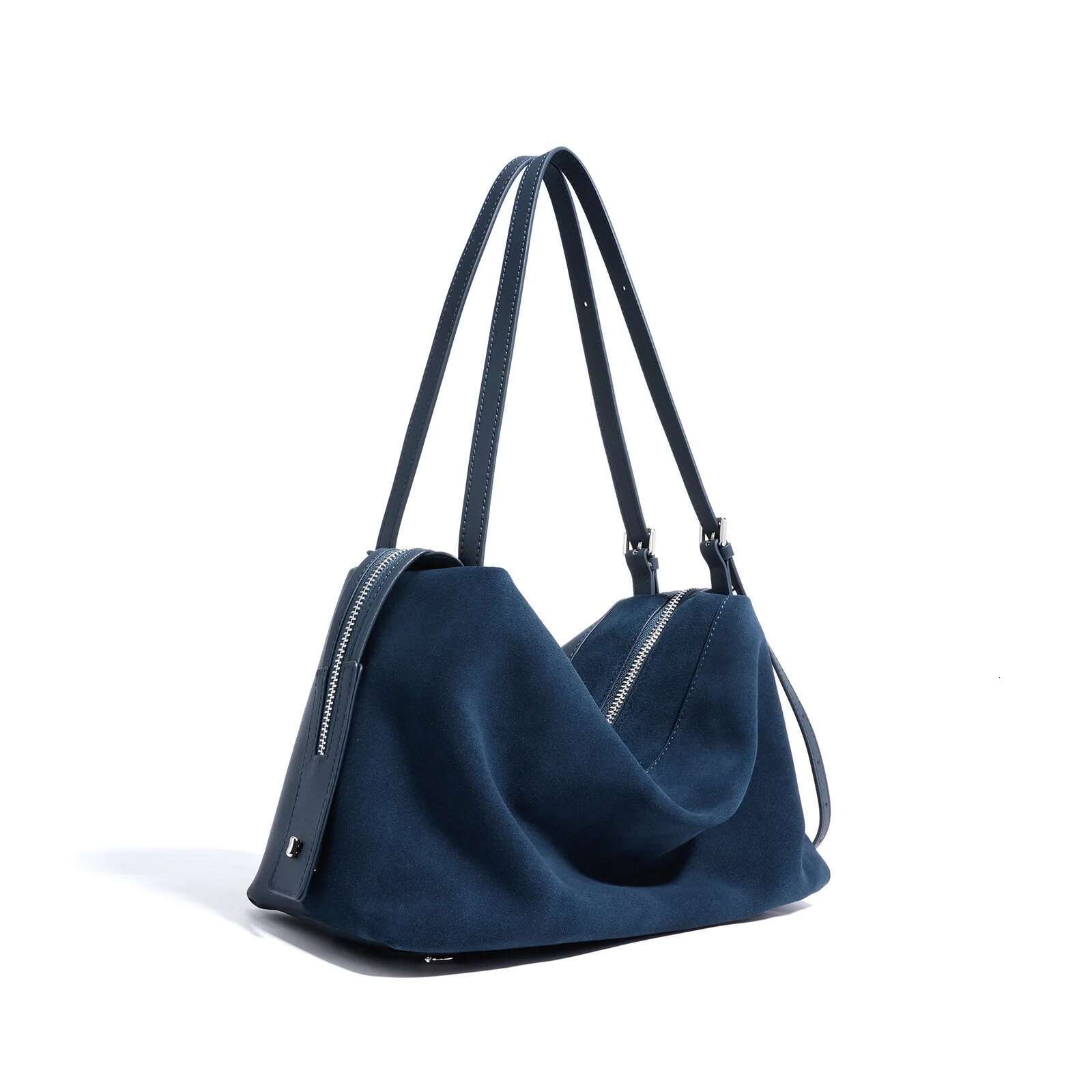 Designer bag handbags women new arrival navy blue suede leather double zipper shoulder bag casual tote handbag soft comfortable elegant style
