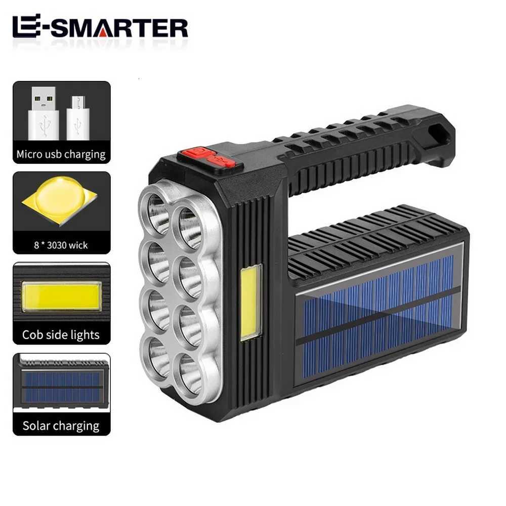 Outdoor Camping Searchlight 8LED Bulbs Solar Charging Handheld Flashlight USB Charge Portable Lamp 4 Bright Lighting Modes M251117