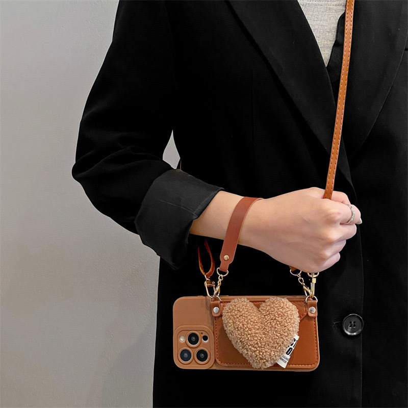 Plush Heart Card Holder Phone Case Compatible with iPhone 17/16 Pro Max Soft Crossbody Protective Case iPhone 17 Pro for Women