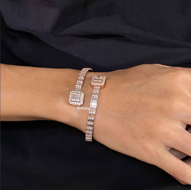 Hip Hop Men Jewelry Iced Out Baguette Moissanite Bangle Bracelet 925 Sterling Silver Rose Gold Wrap Statement Stackable Bangle