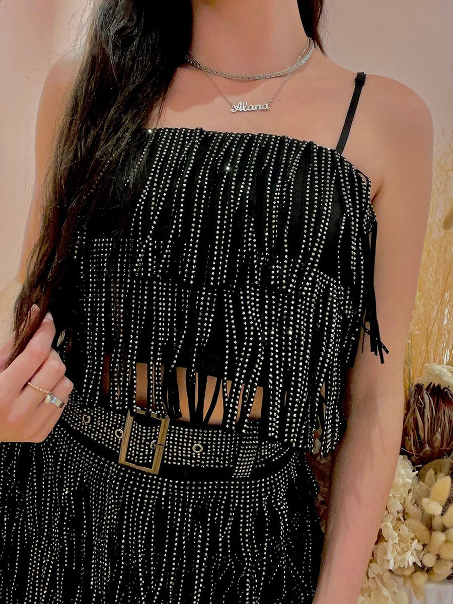 Womens Summer 2PCS Outfit Sets Sleeveless Sequins Sling Vest Tassel Mini Skirt with Belt 250415