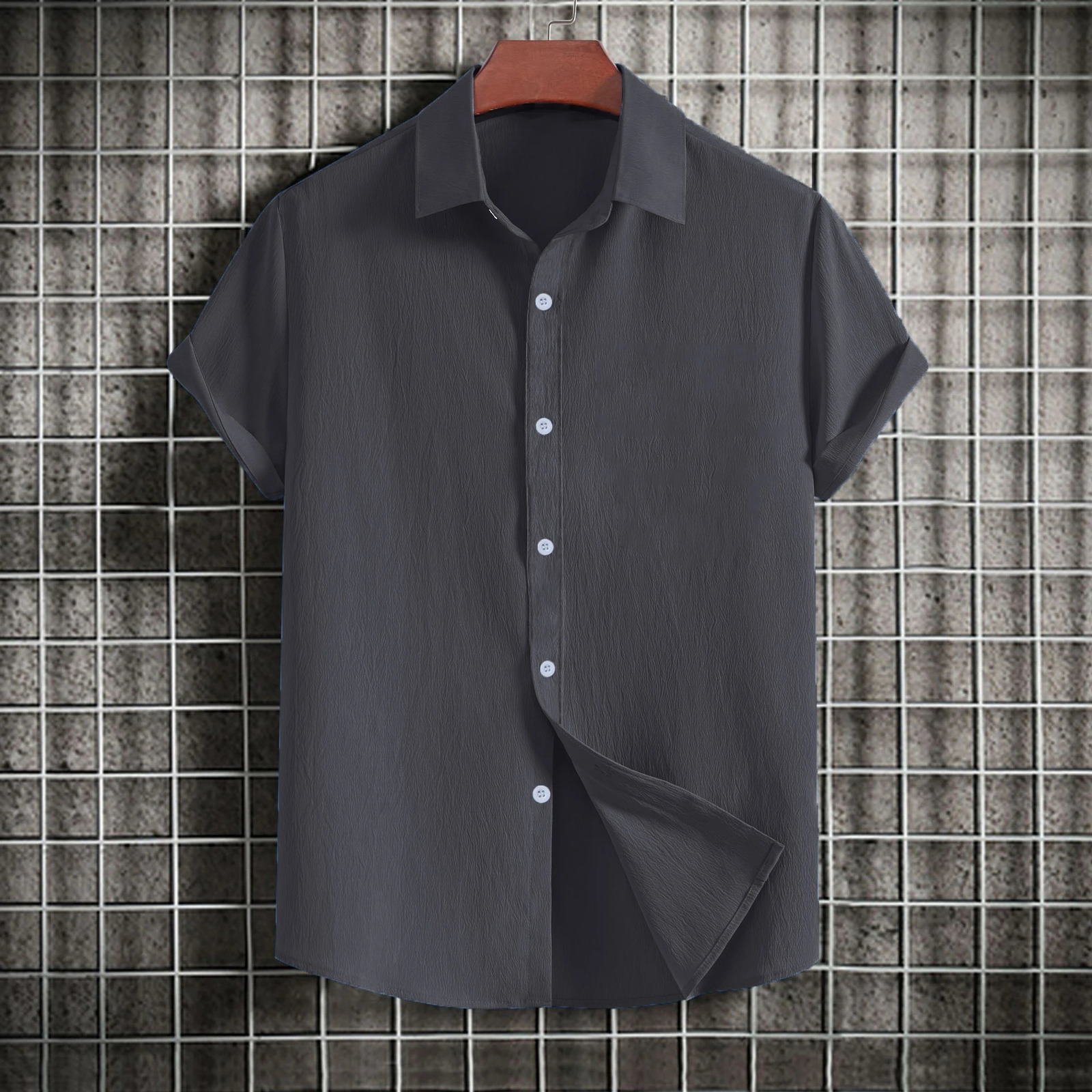Mens casual short-sleeved solid color lapel shirt 250417