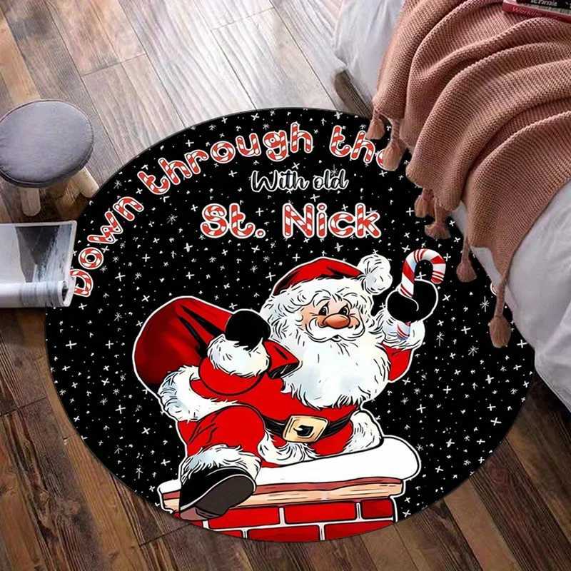 Santa Claus Christmas theme round rug crystal velvet floor mat holiday festive decoration anti slip carpet living room bedroomM251117
