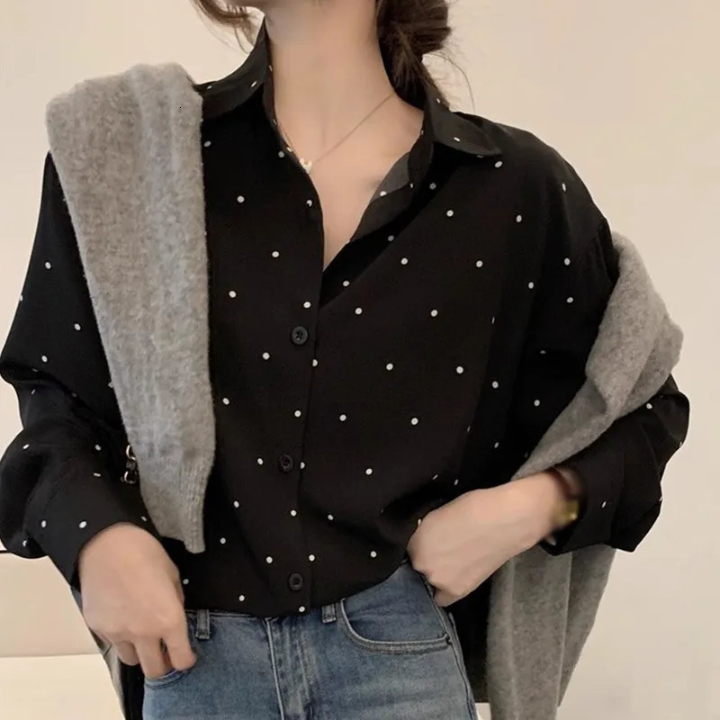 Womens V-neck Polka Dot Long Sleeve Elegant Shirt Retro Lapel Loose Color-Collision Long Sleeve Fashion Single-Breasted Blouse 250417