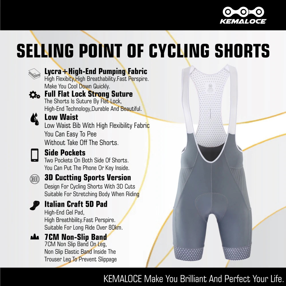 KEMALOCE Cycling Bib Shorts With Side Pockets Man Blue Grey Red Bike Shorts Gel Pad High Quality Compressed Bicycle Bib Pants 250409
