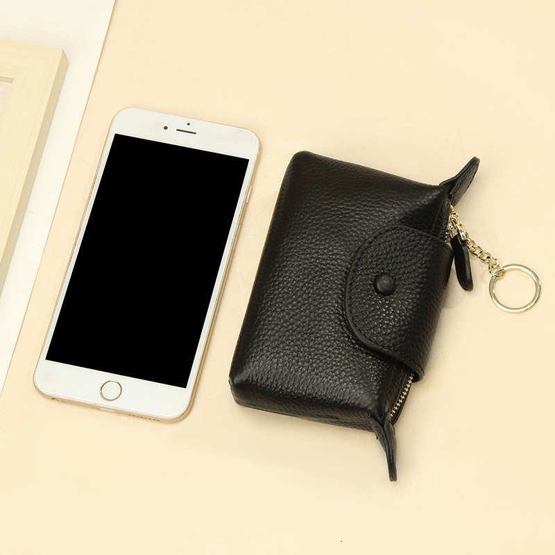 Women's exquisite small wallet solid color fashionable zipper short coin wallet soft leather real leather lychee pattern keychain designer wallet - view 3