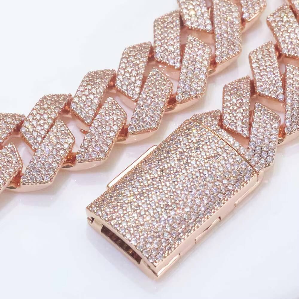 Moissanite Iced Out Diamond Cuban Link Chain Brass Bracelet 15mm 4 Row Prong Design Rose Gold Plated Hip Hop Jewelry Gift