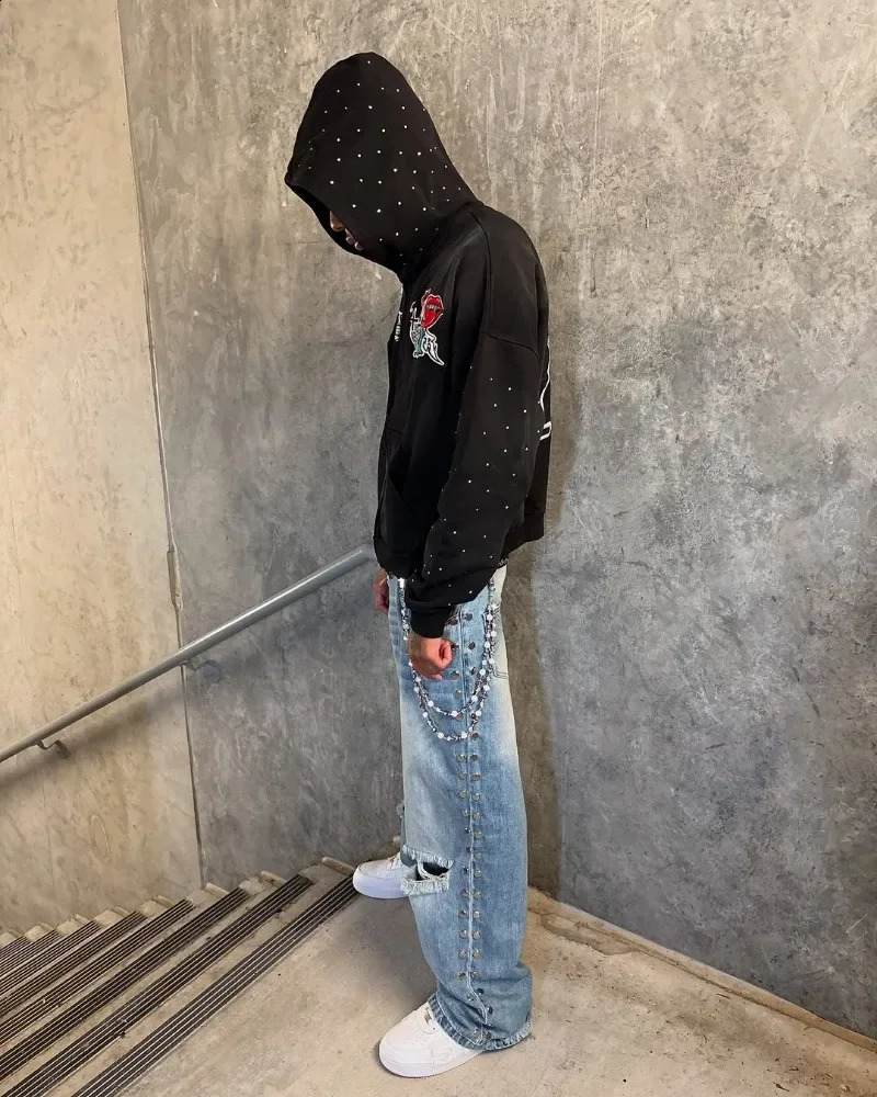 Y2k American Clothing Goth Hip Hop Rock Cartoon Letter Print Hoodie Men Goth Retro Casual Oversized Zipper Sweatshirt Women 250415