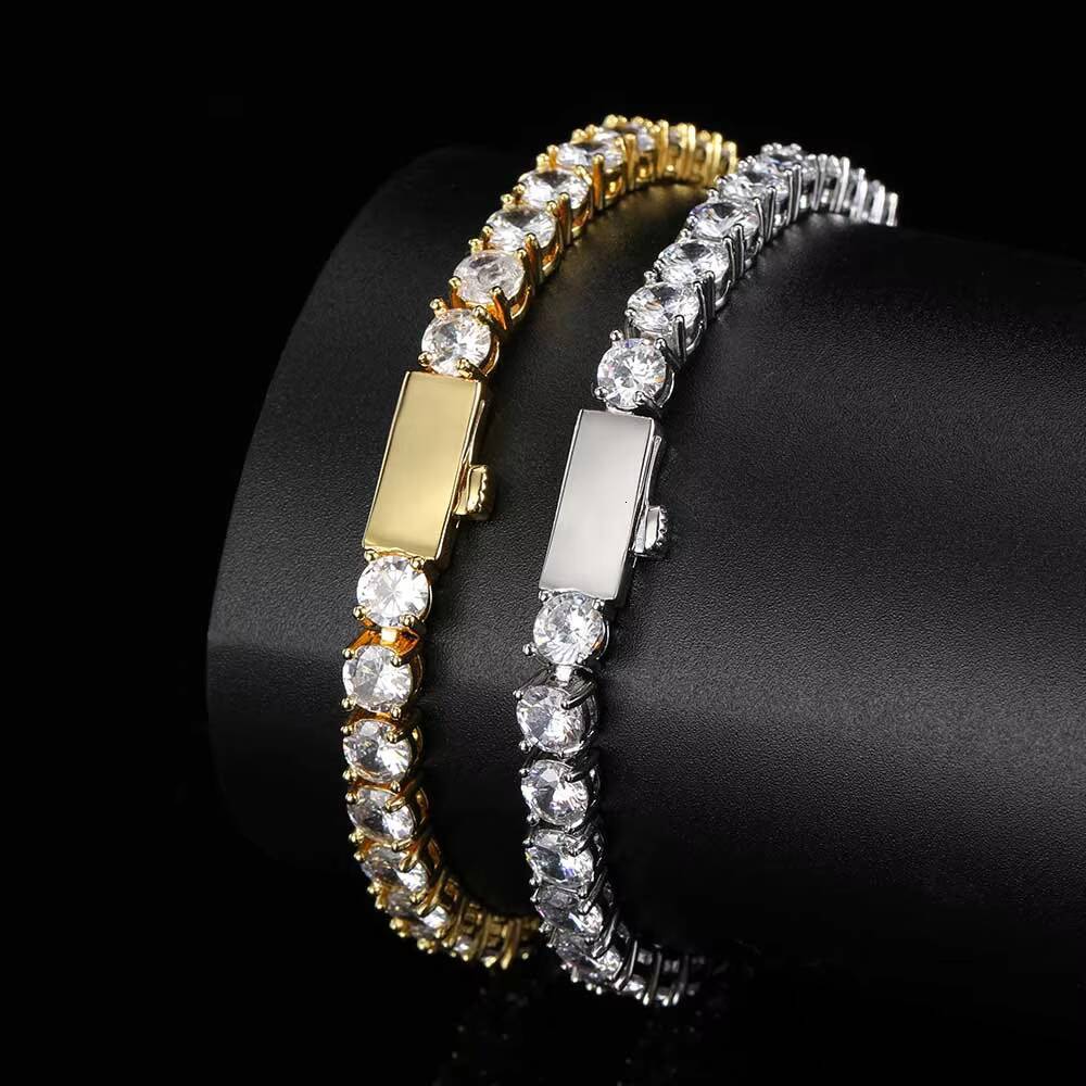 Moissanite Hip Hop Style Iced Out Diamond Fine Jewelry 4mm Silver Plated Diamond Tennis Chain Bracelet for Men Women