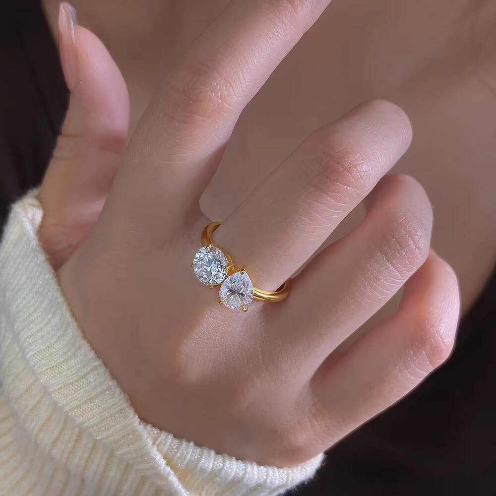 FOXI Toi Et Moi Round and Pear Moissanite Engagement Ring Statement Promise Ring 925 Sterling Silver Moissanite Wedding Ring