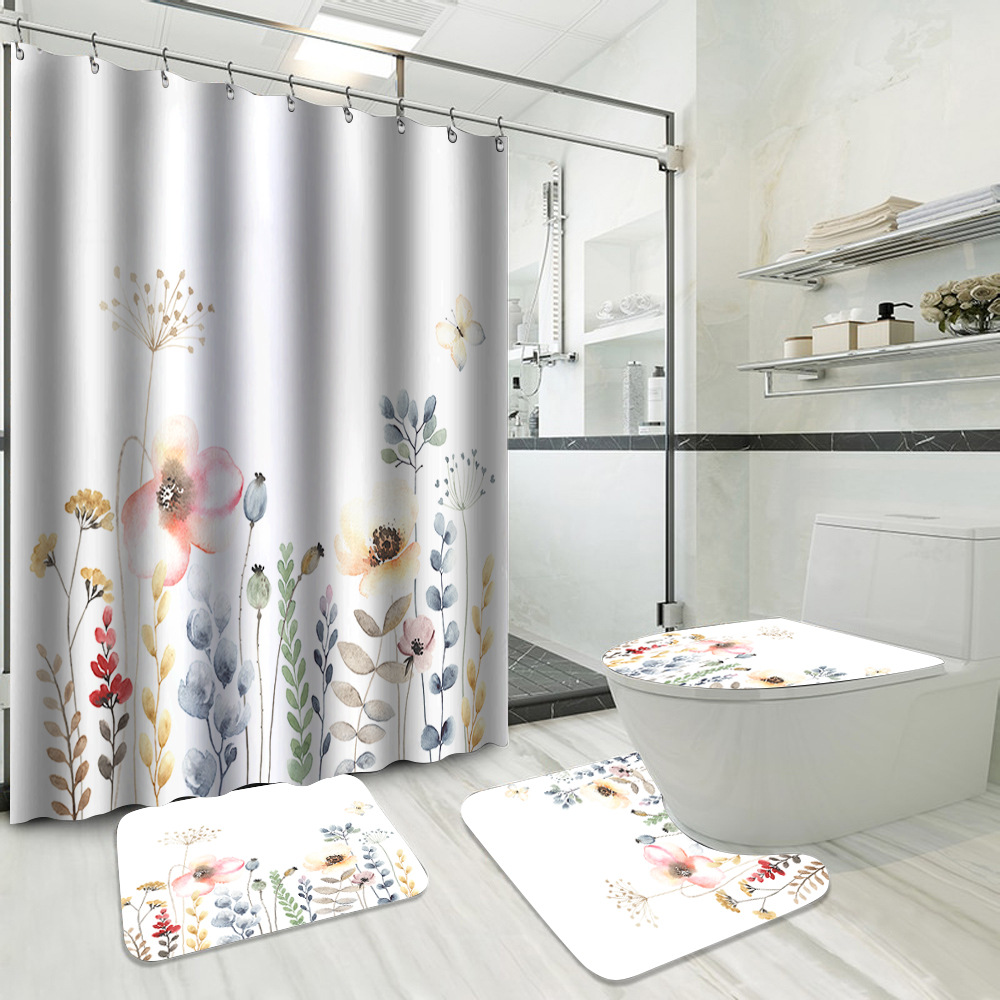 YL-37733 Hot Selling Shower Curtain 4-Piece Set, Green Plant Series, Waterproof and Mildew-Proof Shower Curtain, No Drilling Required