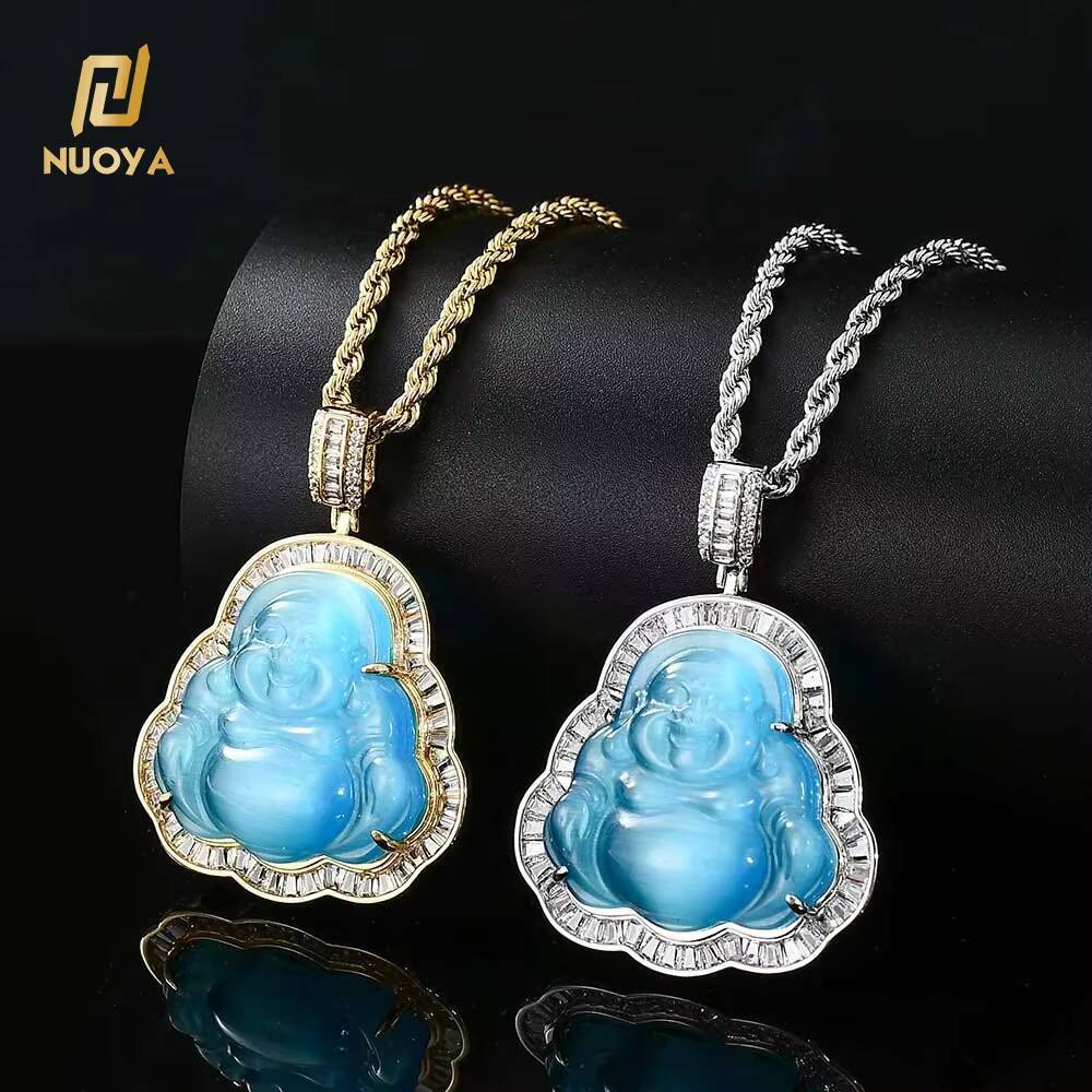 Mens Hot Sale Diamond Jade Laughing Gold Plated Jewelry Iced Out Green Buddha Pendant