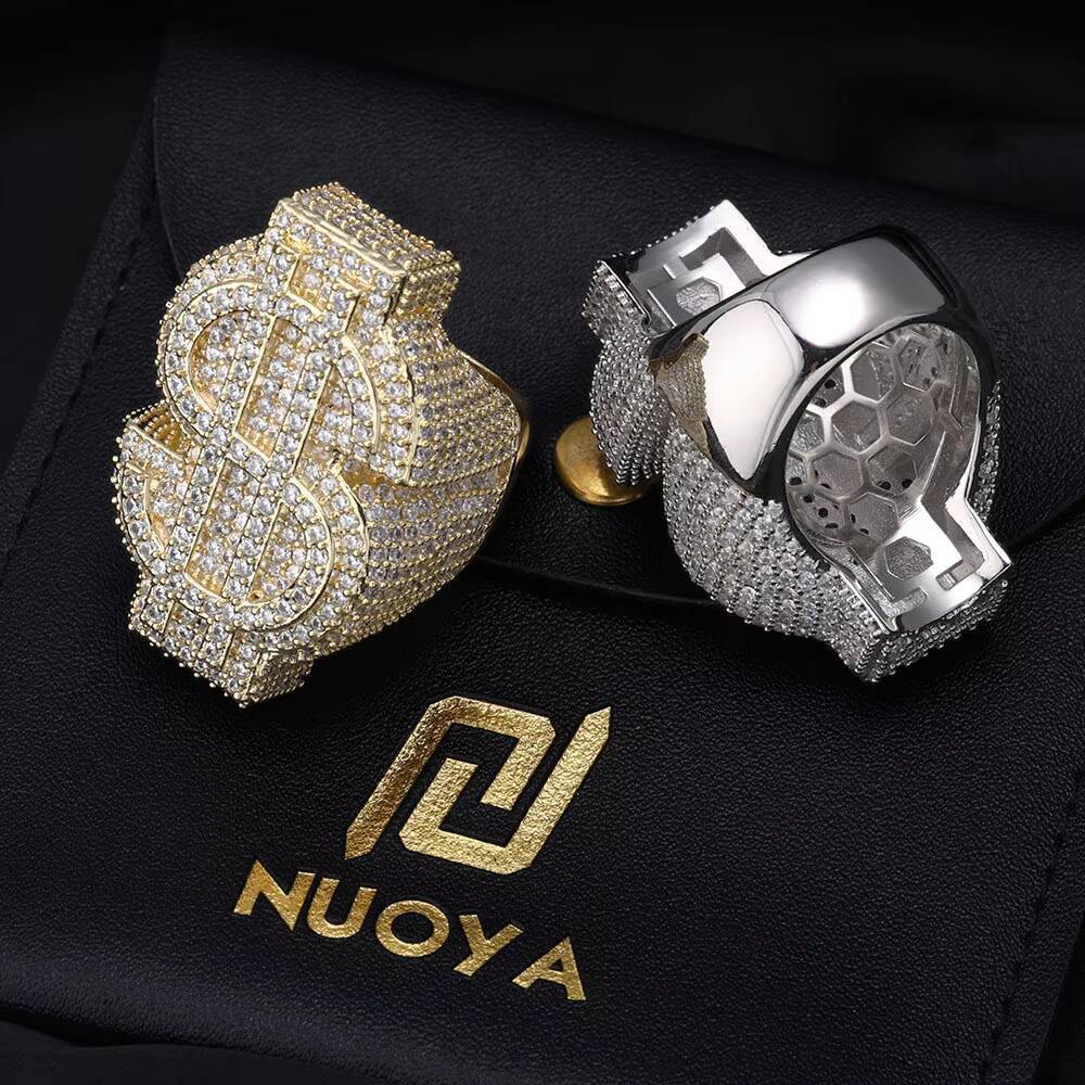 Moissanite Womens Trendy Fine Silver Plated Dollar Sign Ring Full Pave Iced Out Diamond Ring Hip Hop Party Jewelry