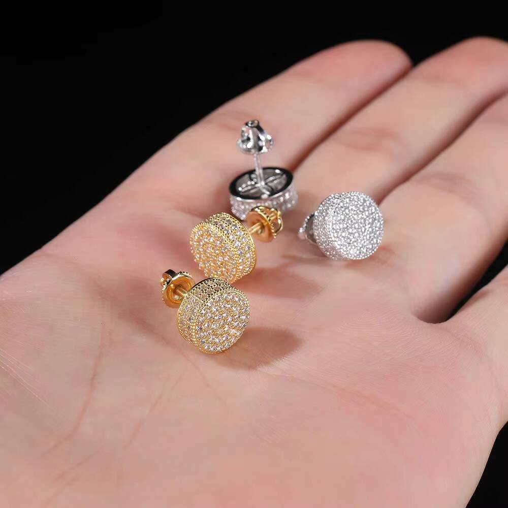 Laboratory cultivation of Moissanite Hip Hop Jewelry Diamond Earrings Full Pave 3A Cubic Zirconia Flat Cylindrical Screw Back Earrings