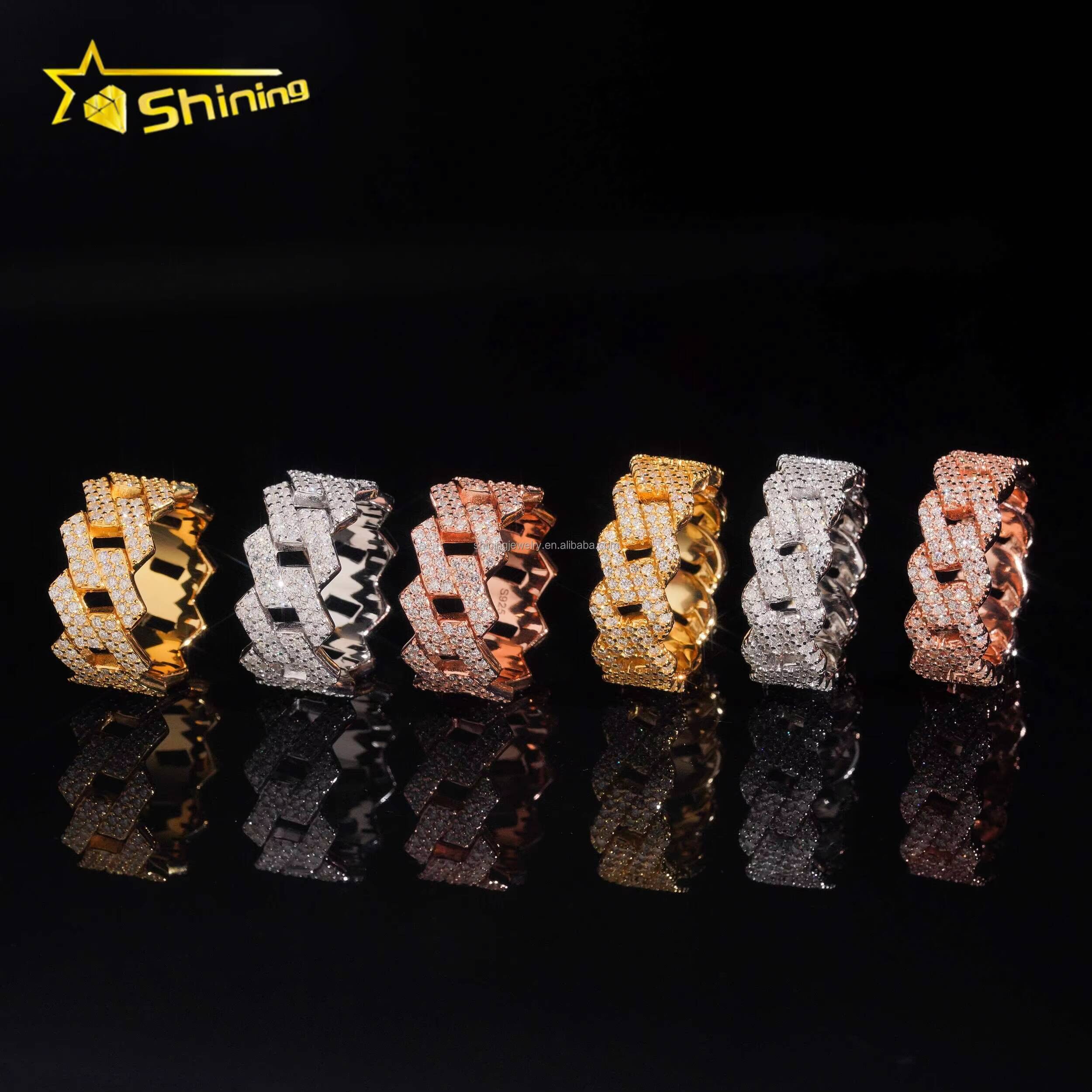 Bulk Stock Drop Shipping Fire Shining Jewelry Iced Out Man Jewelry Hip Hop 925 Silver Jewelry Moissanite Diamond Cuban Band Ring