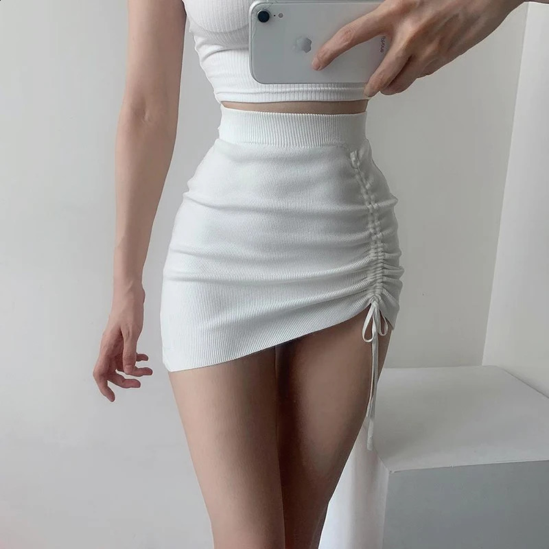 White high waisted elastic side pull leather for womens club slim knit short sexy and fully matched fashionable mini black 250415Z