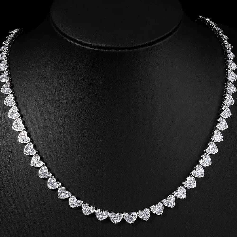 Moissanite Silver Plated Cluster Tennis Chain 8mm Iced Out Zircon Mixed Inlay Baguette Diamond Heart Design Necklace Hip Hop Jewelry