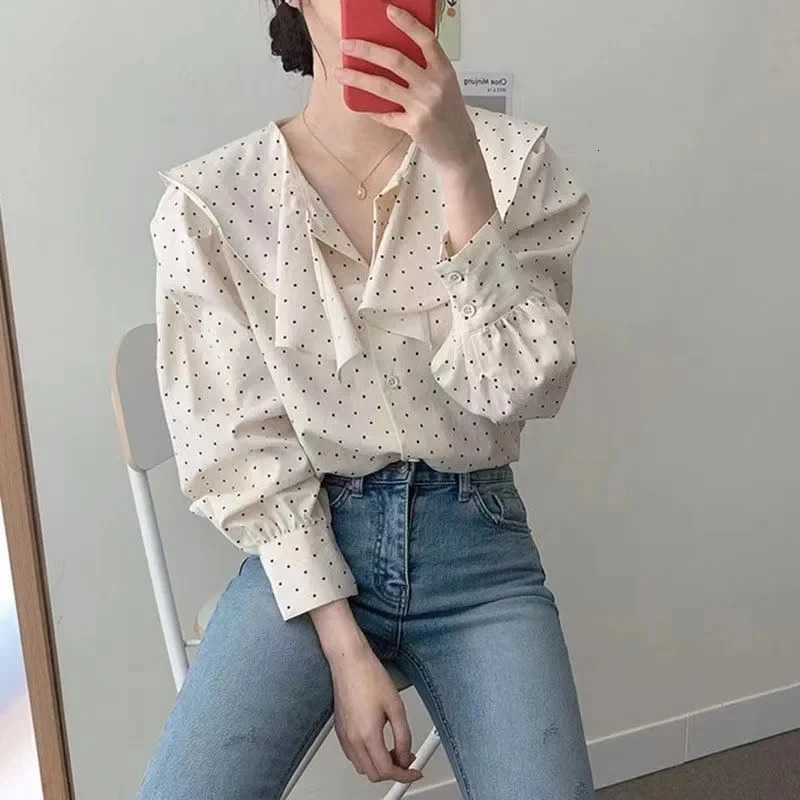 Elegant Polka Dot Women Blouse Spring Loose Long Sleeve Korean Irregular Peter Pan Collar Shirt Casual Ruffled Tops Blusas 250417
